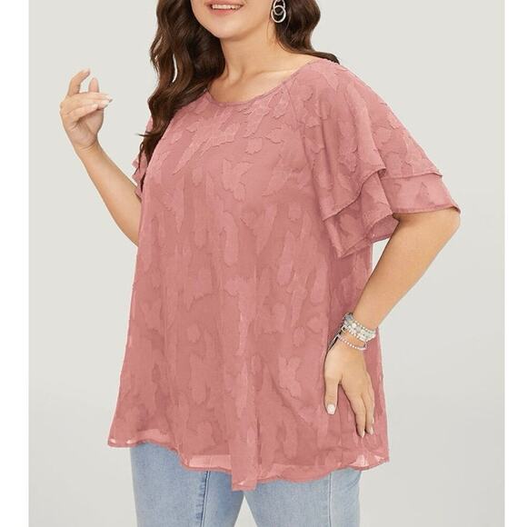 2/$25  10 MED BloomChic Floral Print Ruffle Tiered Raglan Sleeve Mesh Blouse - Picture 2 of 3